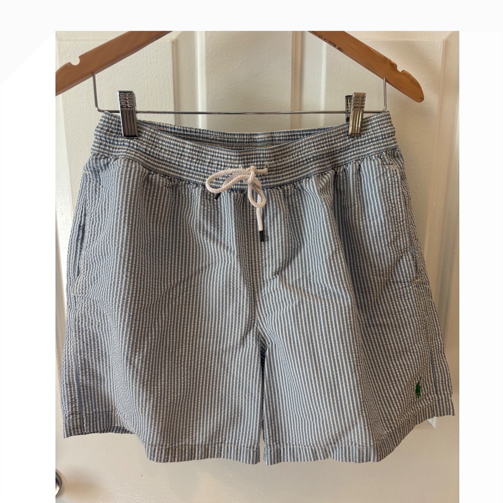 Polo Ralph Lauren Mens Seersucker Swim Trunks Blue White Striped Medium